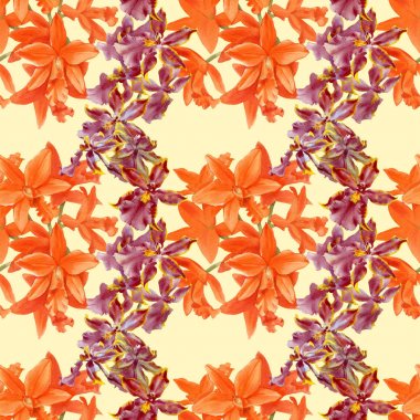 Orkide suluboya çizimler renk arka plan izole. Renkli orkide ile dikişsiz desen.