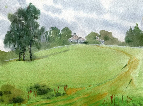 Watercolor Landscape Clouds Green Hill — Stock Photo, Image