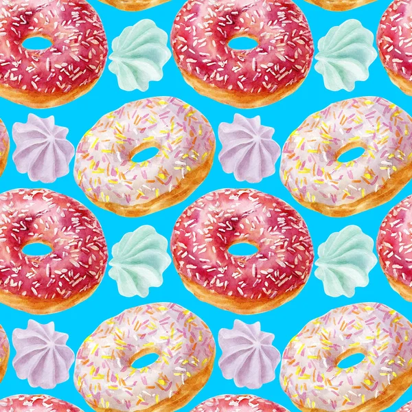 Donut watercolor illustrations isolated on color background. Seamless pattern with colorful donuts with glaze and sprinkles.