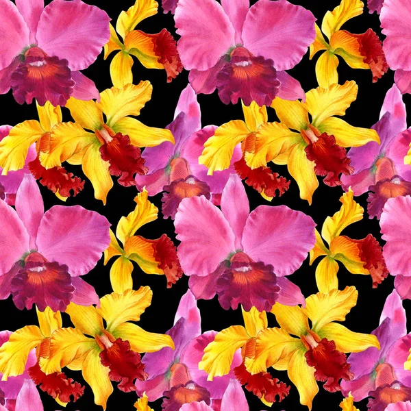 Orchid watercolor illustrations isolated on color background. Seamless pattern with colorful orchid.