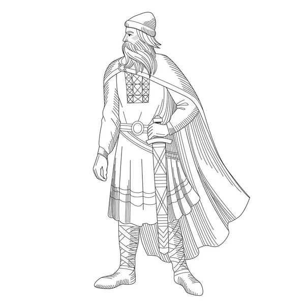 Vecchio Principe Russo Con Spada Armatura Araldica Disegnato Mano Isolato — Vettoriale Stock