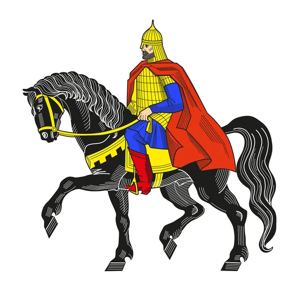 At üzerinde zırh ve kask ile eski Rus şövalye . Heraldry, ne zaman? Beyaz vektör çiziminde yalıtılmış el çizilmiş.