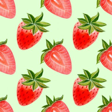 Renkli arka planda çilek ile dikişsiz desen. Suluboya el çizilmiş illüstrasyon.