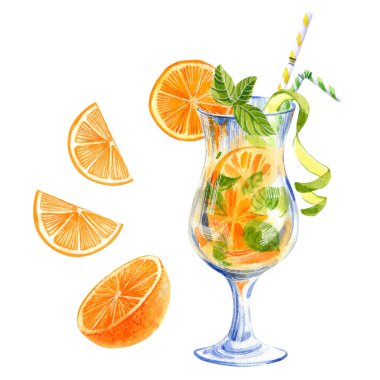 Yaz limonatası, beyaz arka planda portakal lı kokteyl ve nane. Suluboya el çizilmiş illüstrasyon.