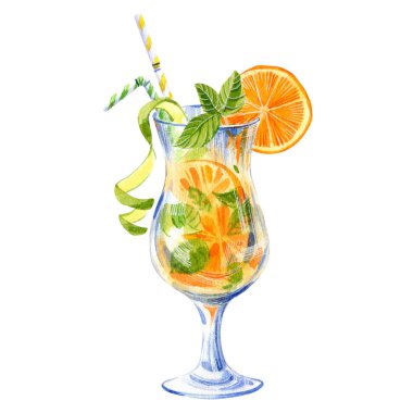 Yaz limonatası, beyaz arka planda portakal lı kokteyl ve nane. Suluboya el çizilmiş illüstrasyon.