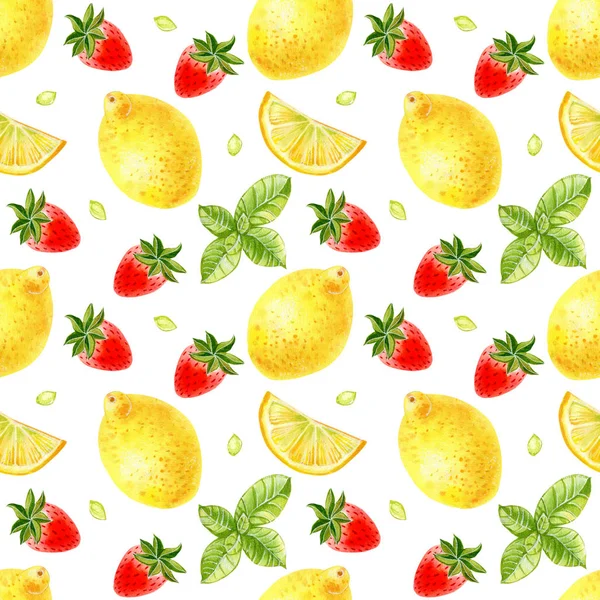 白い背景にイチゴ レモン ミントとシームレスなパターン 水彩画描き下ろしイラスト — ストック写真