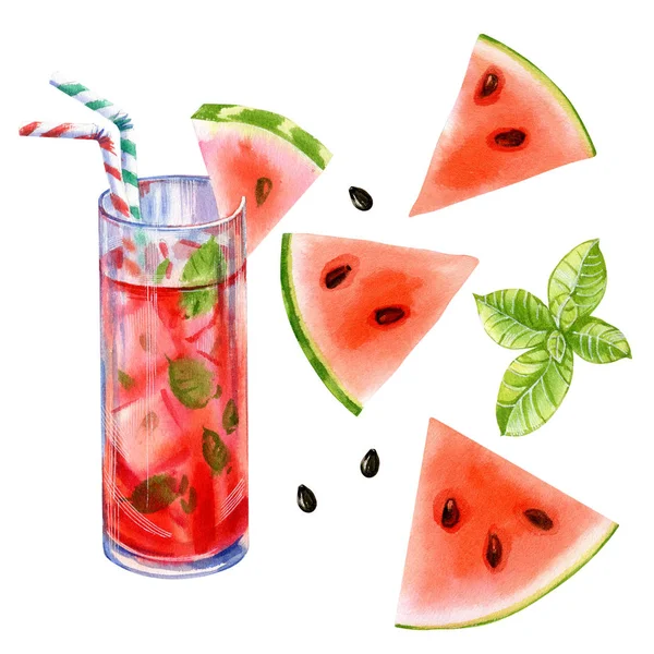 Sommer Limonade Coctail Mit Wassermelone Und Minze Auf Weißem Hintergrund — Stockfoto