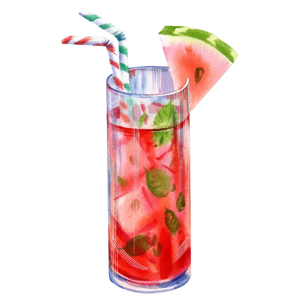 Sommar Lemonad Coctail Med Vattenmelon Och Mynta Vit Bakgrund Akvarell — Stockfoto