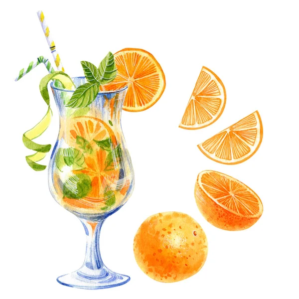 Yaz limonatası, beyaz arka planda portakal lı kokteyl ve nane. Suluboya el çizilmiş illüstrasyon.