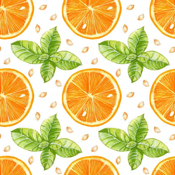 Seamless Pattern Summer Lemonade Coctail Orange Mint White Background — Stock Photo, Image