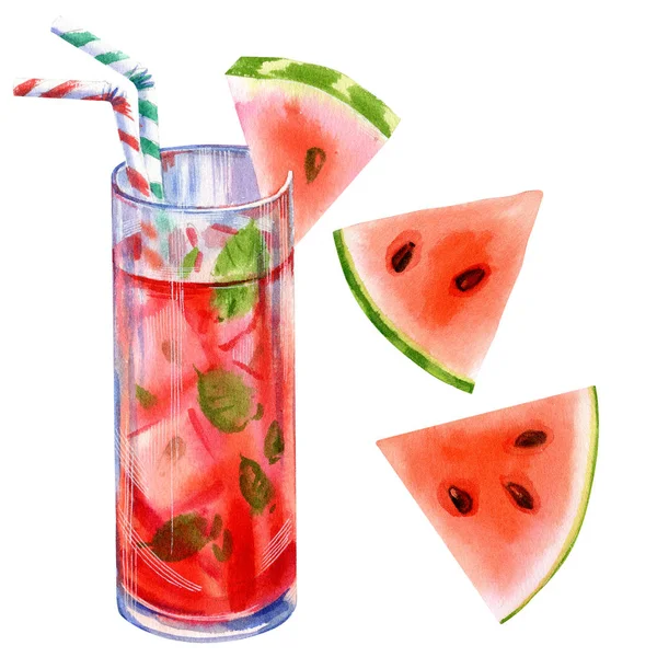 Summer Lemonade Coctail Watermelon Mint White Background Watercolor Hand Drawn — Stock Photo, Image