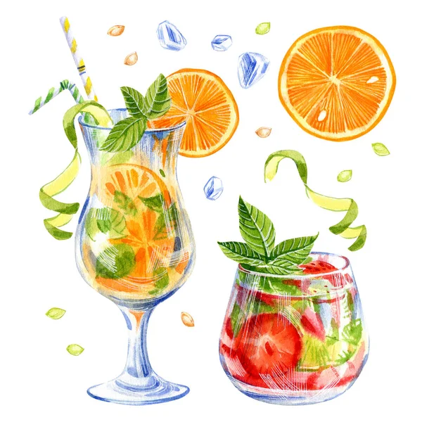 Yaz limonata, portakal, çilek, limon ve nane ile kokteyller beyaz bir arka plan üzerinde. Suluboya el çizilmiş illüstrasyon.