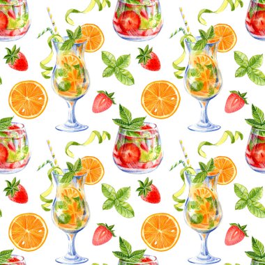 Beyaz arka plan üzerinde limonata, coctails ve meyve ile Dikişsiz desen. Suluboya el çizilmiş illüstrasyon.