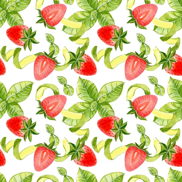 白い背景にイチゴとミントとシームレスなパターン 水彩画描き下ろしイラスト — ストック写真