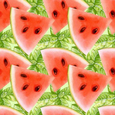 Bir renk arka plan üzerinde karpuz ve nane ile Dikişsiz desen. Suluboya el çizilmiş illüstrasyon.