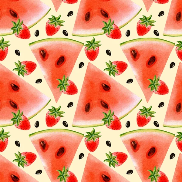 Renkli arka planda karpuz ve çilek nane ile dikişsiz desen. Suluboya el çizilmiş illüstrasyon.