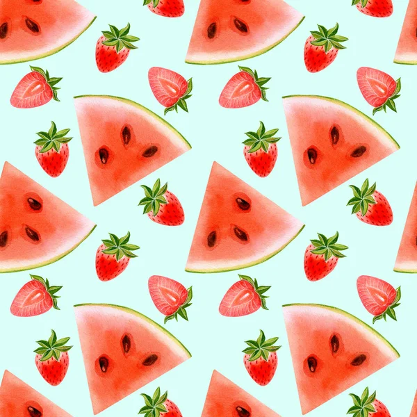 Nahtloses Muster Mit Wassermelone Und Erdbeerminze Auf Farbigem Hintergrund — Stockfoto