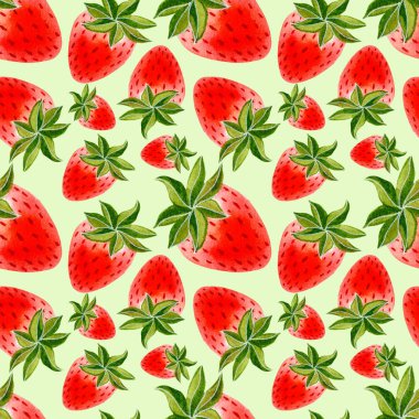 Bir renk arka plan üzerinde çilek ile Dikişsiz desen. Suluboya el çizilmiş illüstrasyon.
