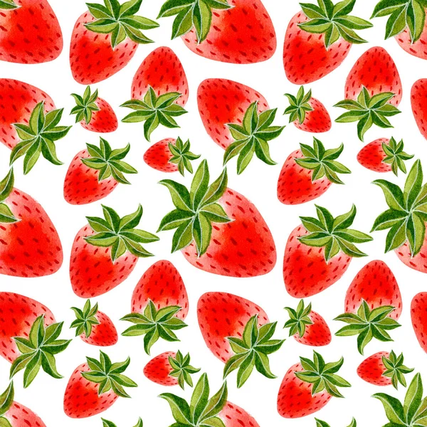 Nahtloses Muster Mit Erdbeere Auf Weißem Hintergrund Aquarell Handgezeichnete Illustration — Stockfoto