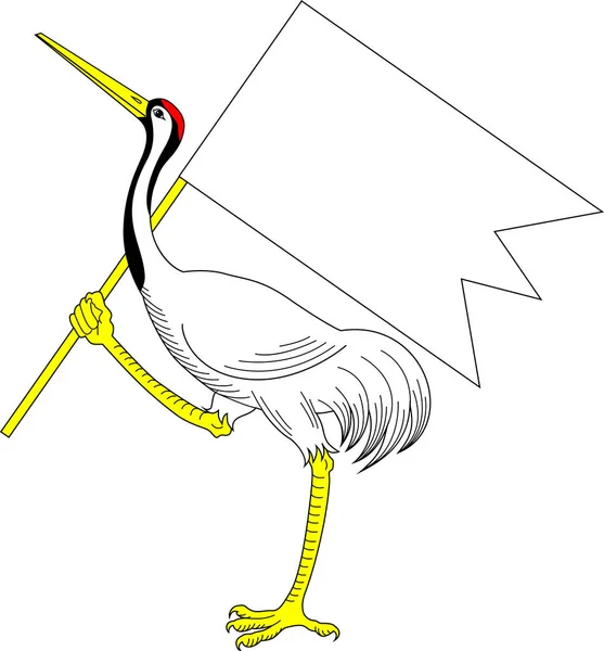 Красивый Кран Флагом Геральдика Ручной Рисунок Белой Векторной Иллюстрации — стоковый вектор