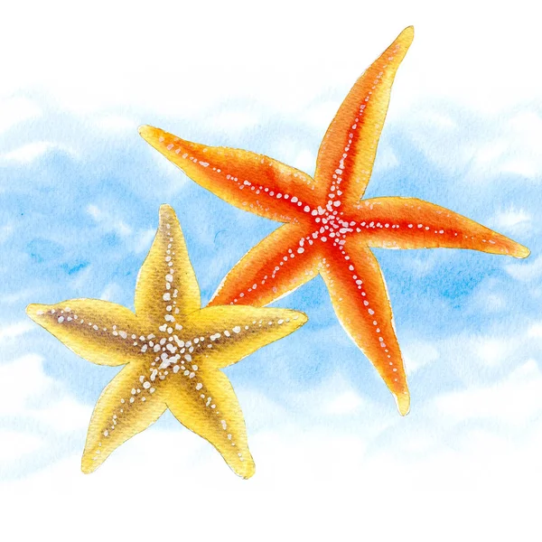Conjunto Estrellas Mar Acuarela Sobre Olas Fondo Blanco Para Menú — Foto de Stock
