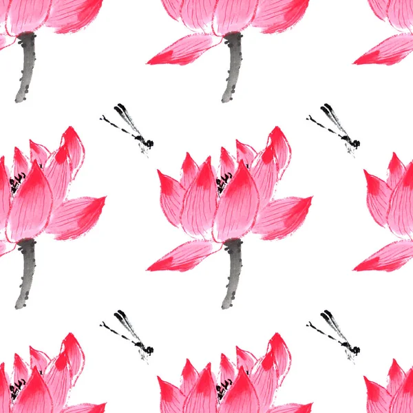 Seamless pattern with colorful lotuses and dragonflies. Watercolor with pink flowers for background, texture, wrapper pattern, web design. Chinese ink painting style.