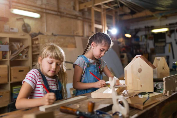 Δύο Νεαρά Κορίτσια Που Κάνει Ξυλοκατασκευών Ένα Εργαστήριο — Φωτογραφία Αρχείου