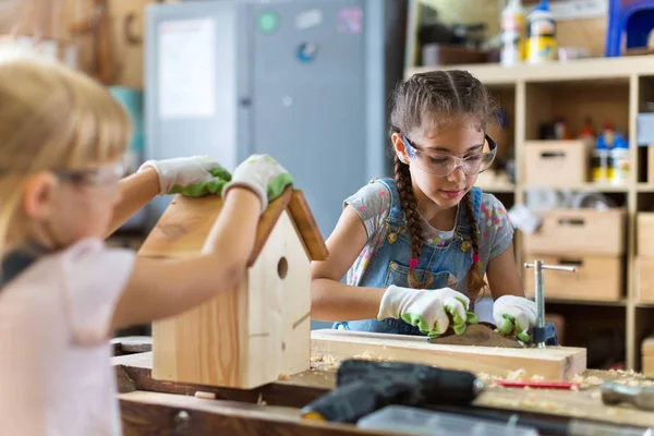 Zwei Junge Mädchen Bei Holzarbeiten Einer Werkstatt — Stockfoto