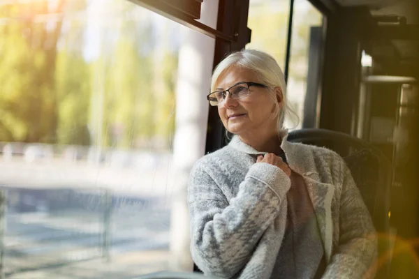 Senior Woman Looking Window While Traveling Bus — Stock Photo, Image