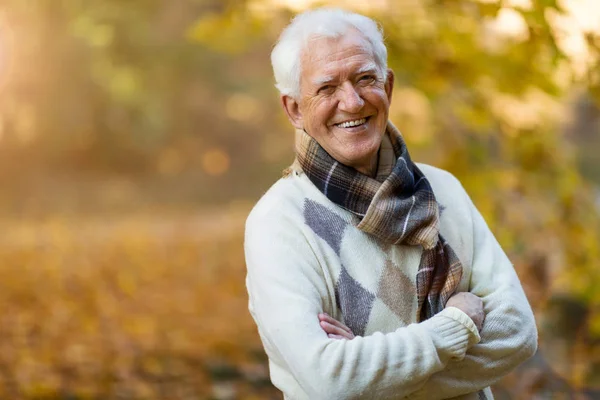 Gelukkig Senior Man Herfst Park — Stockfoto