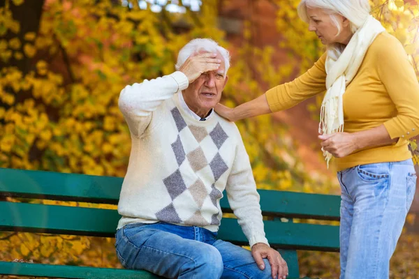 Senior Man Lijdt Aan Een Hoofdpijn Senior Vrouw Troost Hem — Stockfoto