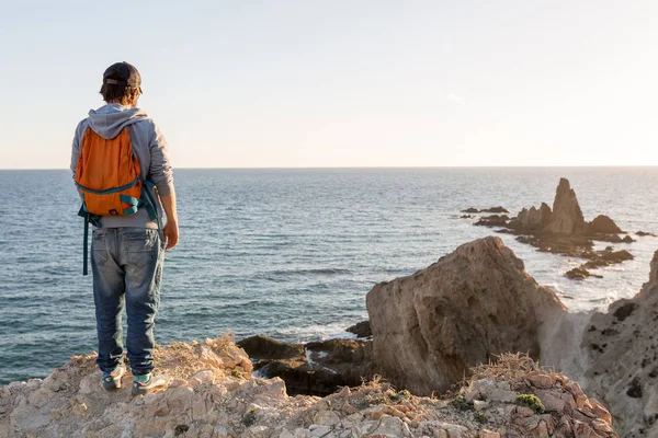 Man Exploring Spanish Coastline Cabo Gata Nijar Natural Park Spain — Stock Photo, Image