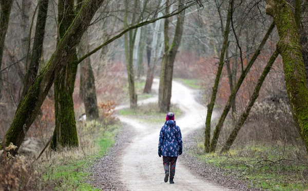 Donna Che Cammina Nella Foresta Vista Posteriore — Foto Stock