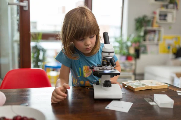 Menina Olhando Brincar Com Microscópio — Fotografia de Stock
