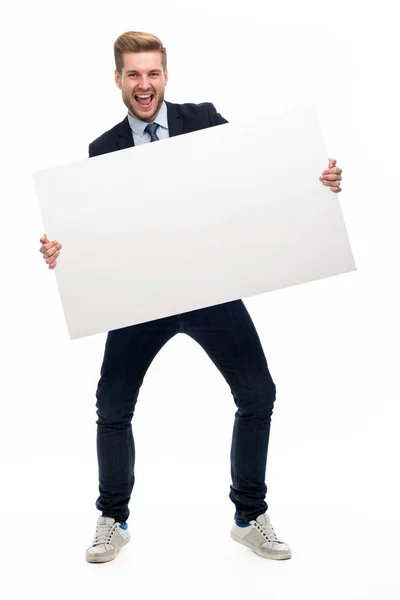 Homem Negócios Segurando Placa Branca — Fotografia de Stock