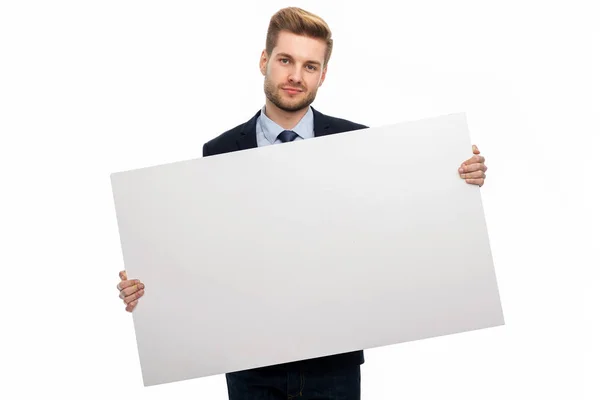 Homem Negócios Segurando Placa Branca — Fotografia de Stock