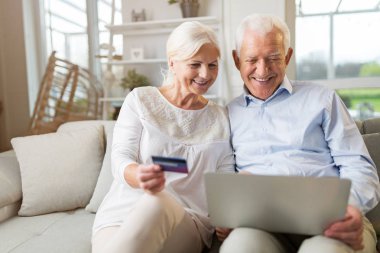 Evde dizüstü bilgisayar kullanan yaşlı çift.