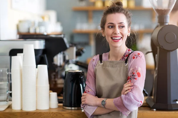 Kvinna Som Arbetar Kafé — Stockfoto