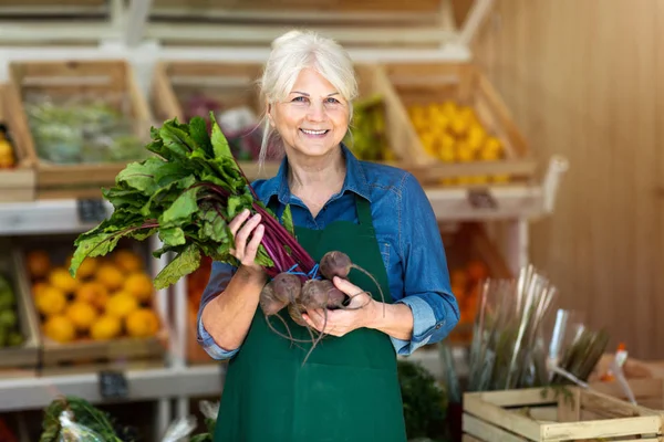 Senior Vrouw Die Werkzaam Zijn Kleine Supermarkt — Stockfoto
