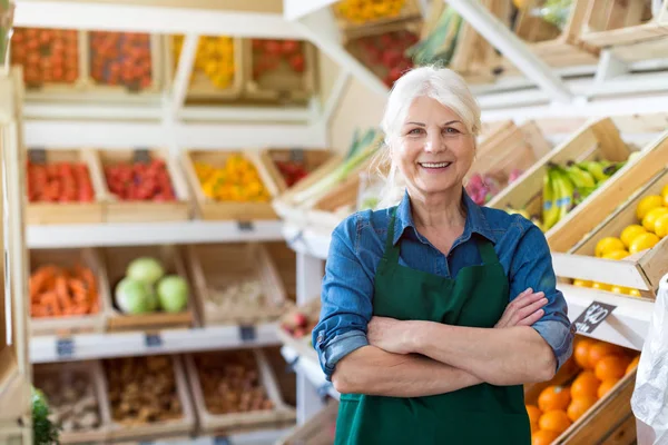 Seniorin Arbeitet Kleinem Lebensmittelgeschäft — Stockfoto