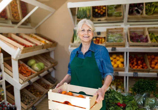 Mujer Mayor Trabajando Una Pequeña Tienda Comestibles — Foto de Stock