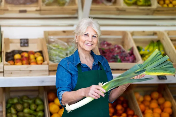 Senior Vrouw Die Werkzaam Zijn Kleine Supermarkt — Stockfoto