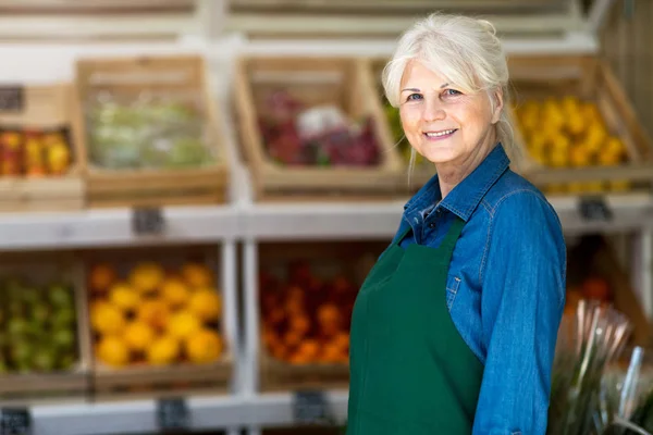 Senior Kvinna Som Arbetar Liten Livsmedels Butik — Stockfoto