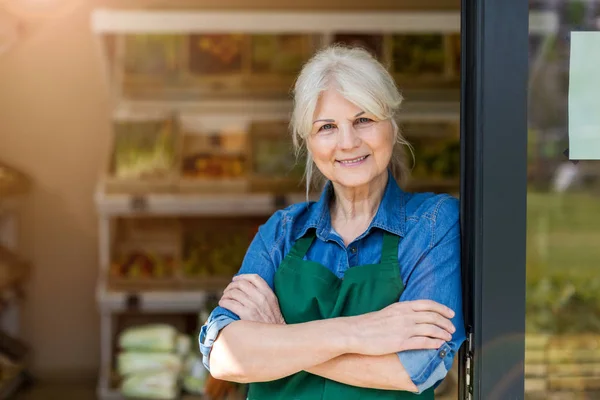 Senior Kvinna Som Arbetar Liten Livsmedels Butik — Stockfoto