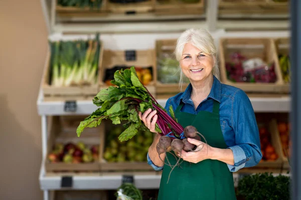 Senior Kvinna Som Arbetar Liten Livsmedels Butik — Stockfoto