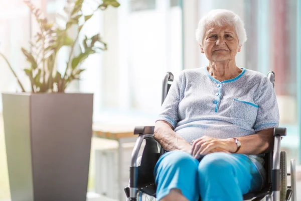 坐在轮椅上的老年妇女的肖像 — 图库照片