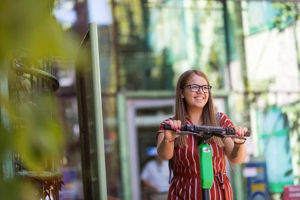 Happy Young Woman Electric Scooter — Stock Photo, Image