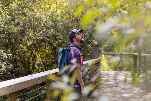 Joven Senderismo Bosque — Foto de Stock