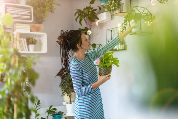 Jonge Vrouw Het Verzorgen Van Haar Potplanten Thuis Stockafbeelding