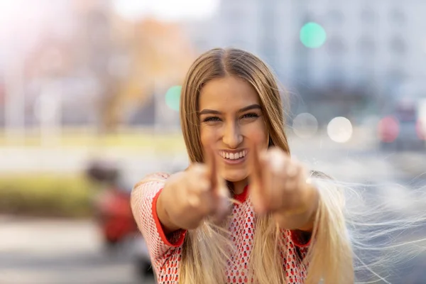 Beautiful Young Woman Pointing You — Stock Photo, Image
